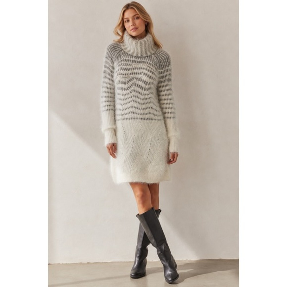 Sleeping on Snow Anthropologie Sweater Dress XS Grey Cream Eyelash Wool Alpaca - Picture 1 of 9